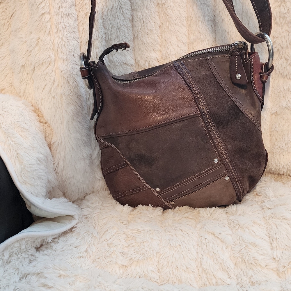 Fossil Patchwork Brown Leather Shoulder Bag - image 6